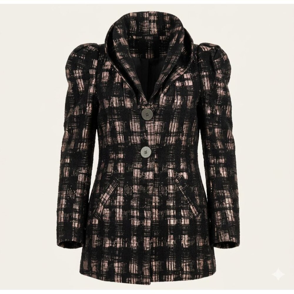Samuel Dong Black & Mauve Plaid Jacket S With Puff Sleeves Button Front - Picture 1 of 11